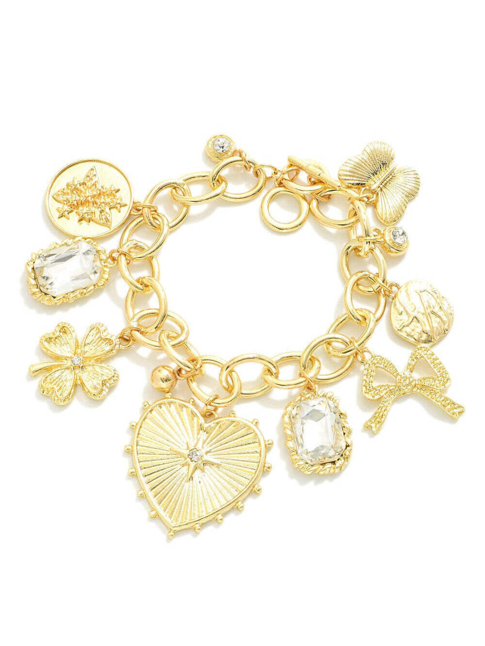 Gold Tone Charm Chain Link Bracelet Heart Bow Clover Crystal Toggle